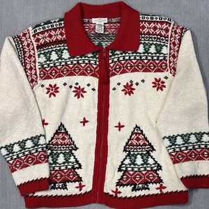 Vintage Christmas Cardigan Yarnworks Tree White Full Zip Holiday L Sweater 90s